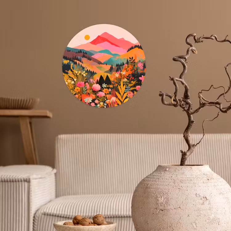 Zonsondergang - Bergvallei - Contrast Wandcirkel behangsticker klein -sfeer1