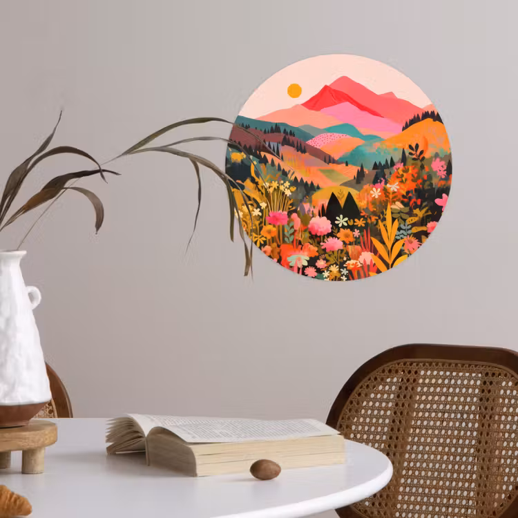 Zonsondergang - Bergvallei - Contrast Wandcirkel behangsticker klein -sfeer3