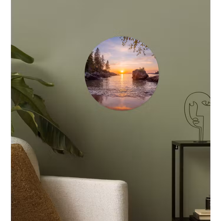 Zonsondergang - Kust - Water - Natuur - Oranje Wandcirkel behangsticker klein -sfeer2