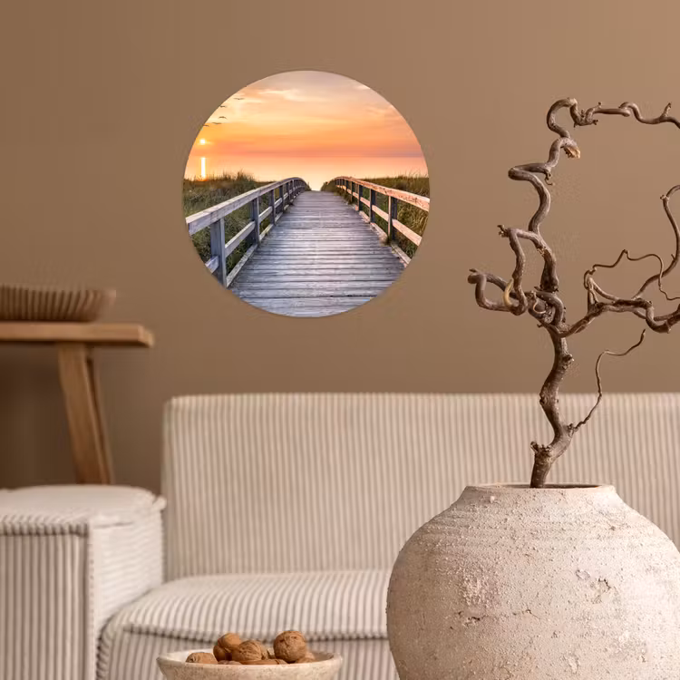 Zonsonderang - Zee - Pad - Gras - Duin - Vogels Wandcirkel behangsticker klein -sfeer1