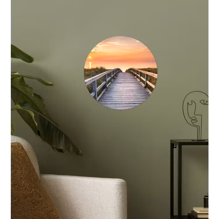 Zonsonderang - Zee - Pad - Gras - Duin - Vogels Wandcirkel behangsticker klein -sfeer2