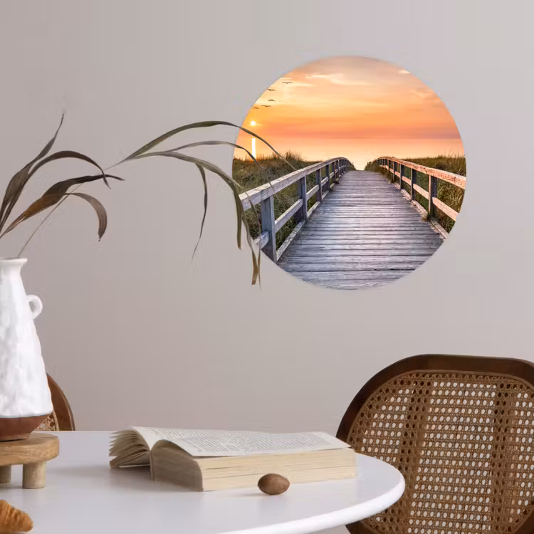 Zonsonderang - Zee - Pad - Gras - Duin - Vogels Wandcirkel behangsticker klein -sfeer3