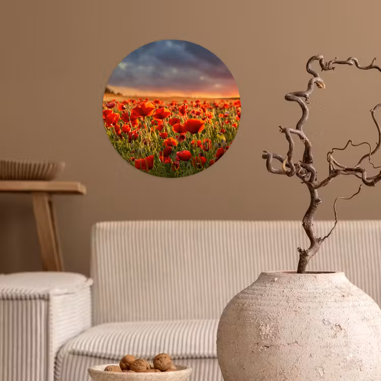 Zonsondergang - Klaprozen - Rood - Bloemen - Veld - Natuur Wandcirkel behangsticker klein -sfeer1