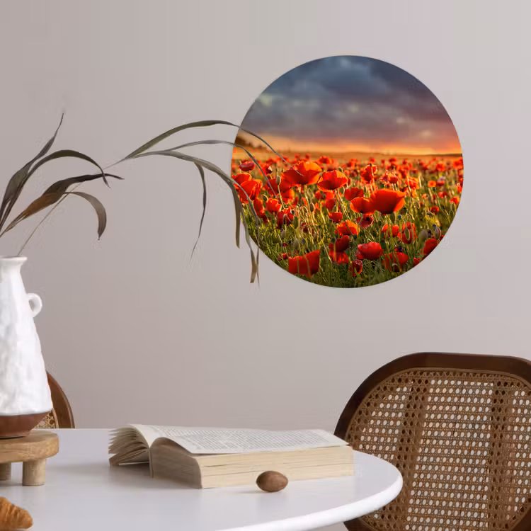 Zonsondergang - Klaprozen - Rood - Bloemen - Veld - Natuur Wandcirkel behangsticker klein -sfeer3