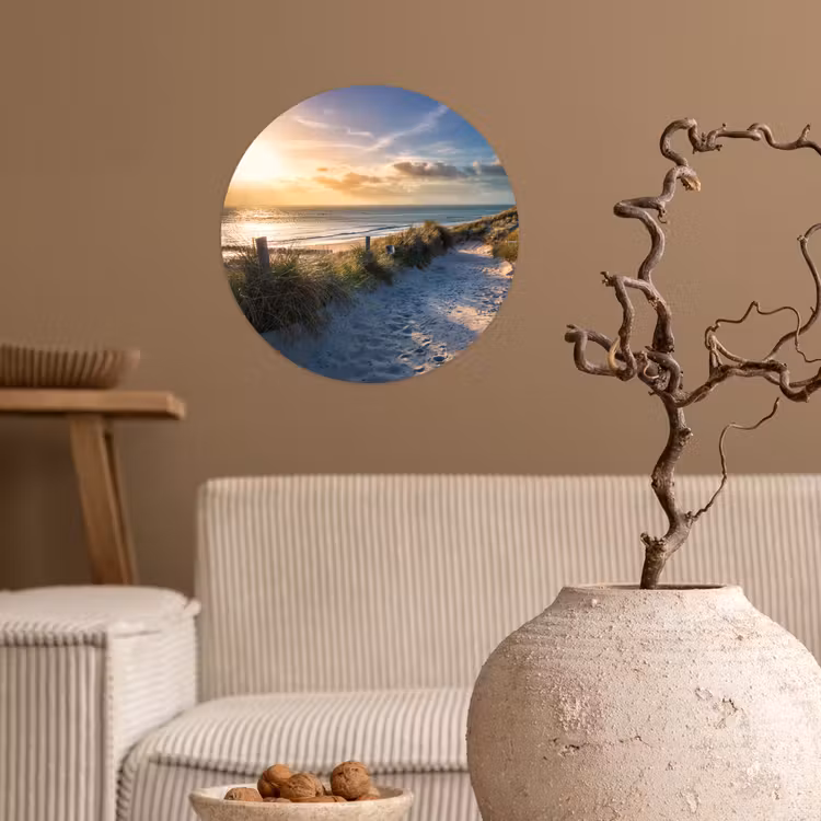 Zonsondergang - Strand - Duin - Gras - Bank Wandcirkel behangsticker klein -sfeer1