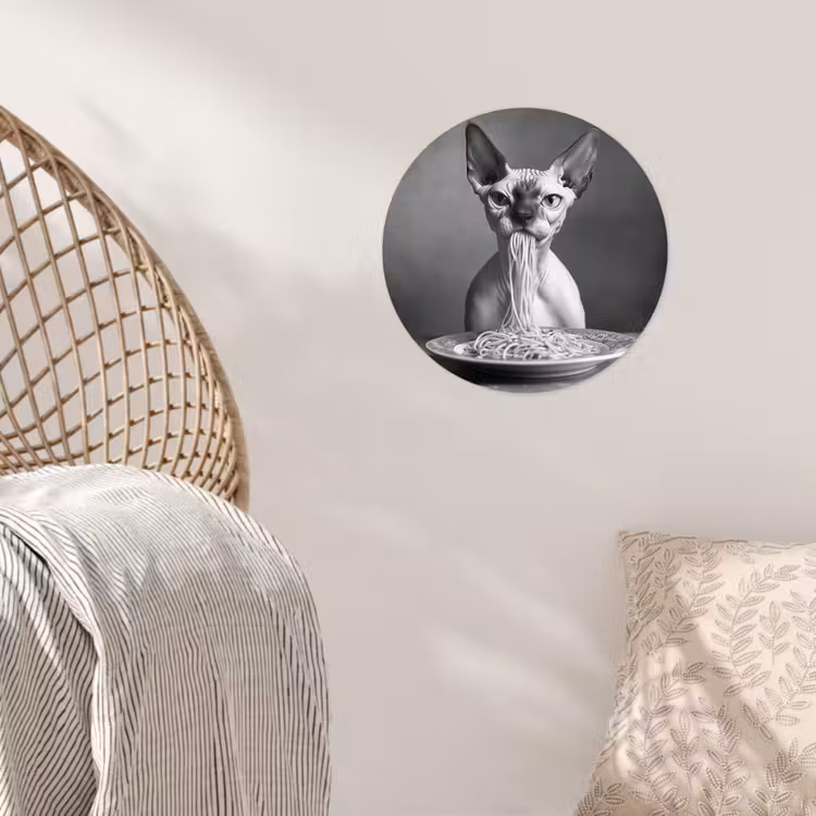 Sphynx - Kat - Dieren - Humor - Spaghetti - Zwart Wit Wandcirkel behangsticker klein -sfeer4