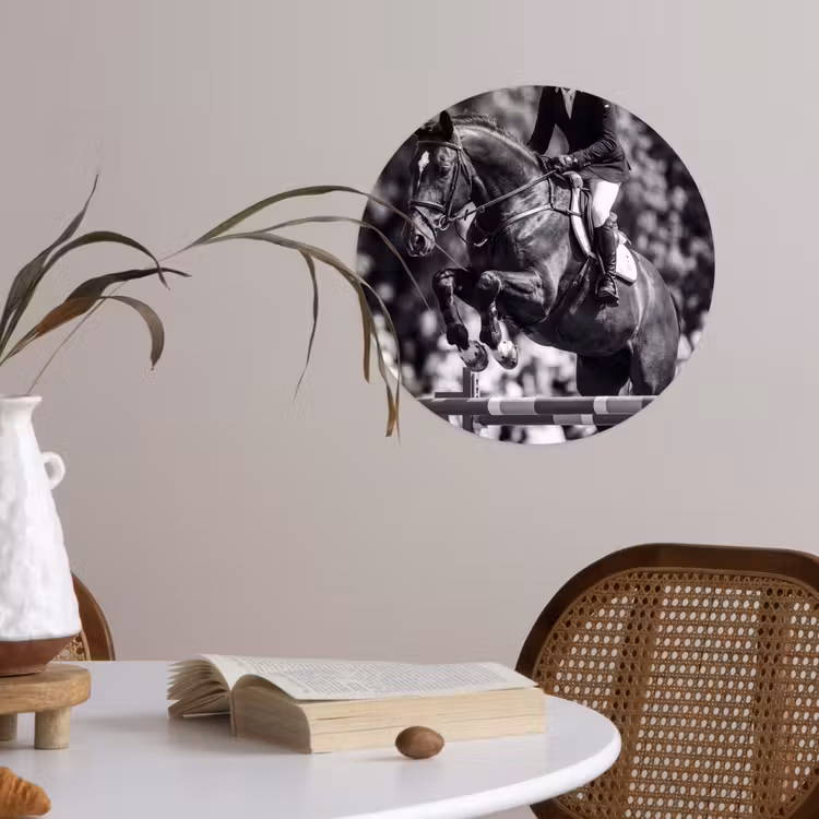 Springen - Paard - Zwart - Wit Wandcirkel behangsticker klein -sfeer3