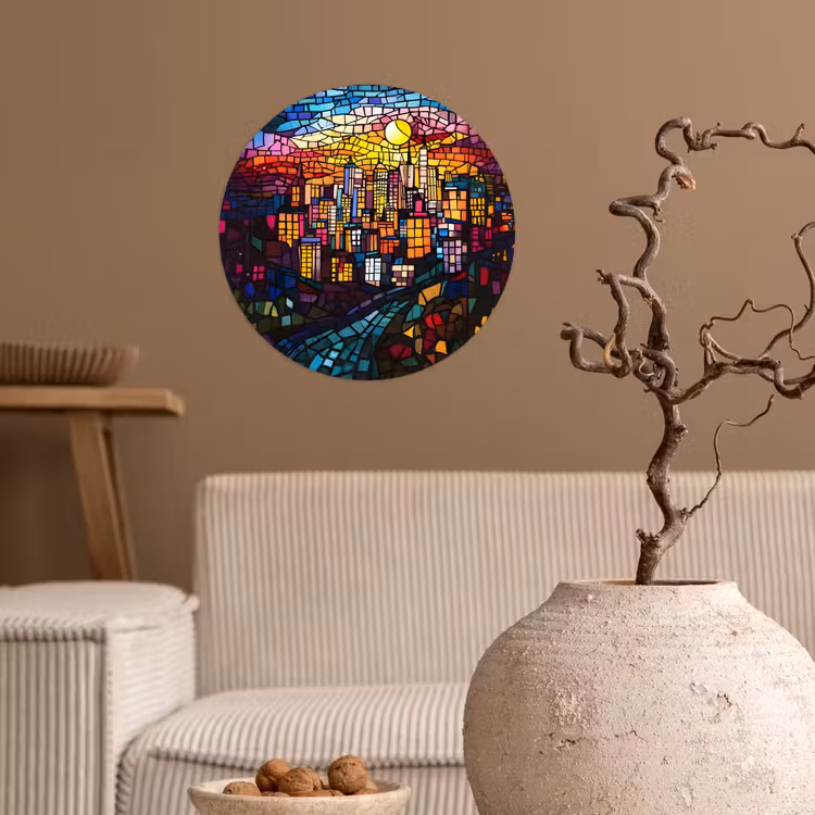 Stad - Maan - Mozaïek - Kleurrijk Wandcirkel behangsticker klein -sfeer1