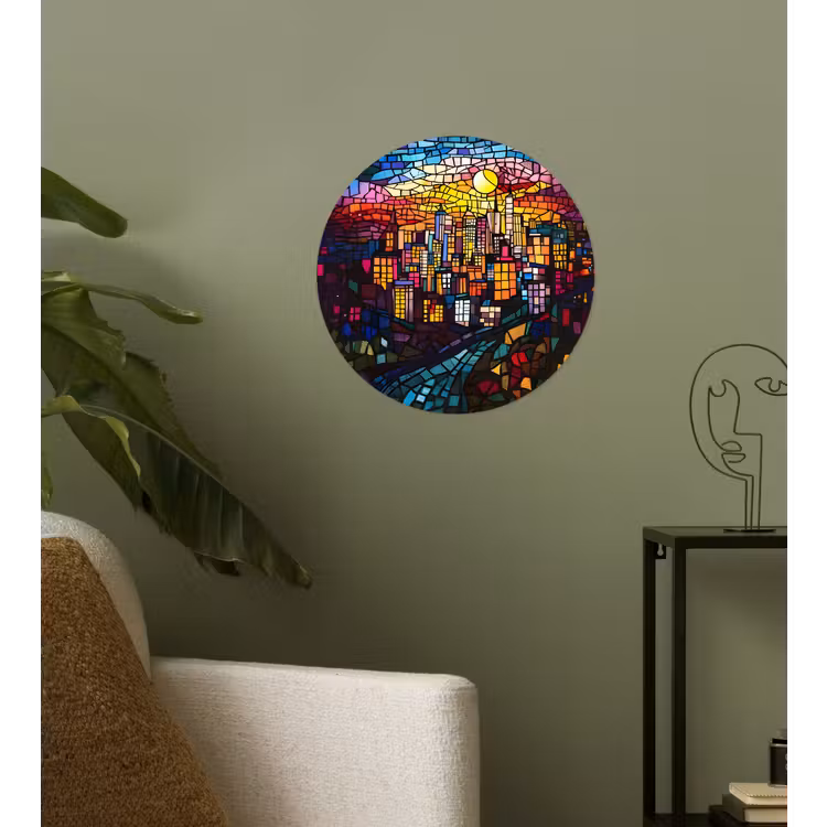 Stad - Maan - Mozaïek - Kleurrijk Wandcirkel behangsticker klein -sfeer2