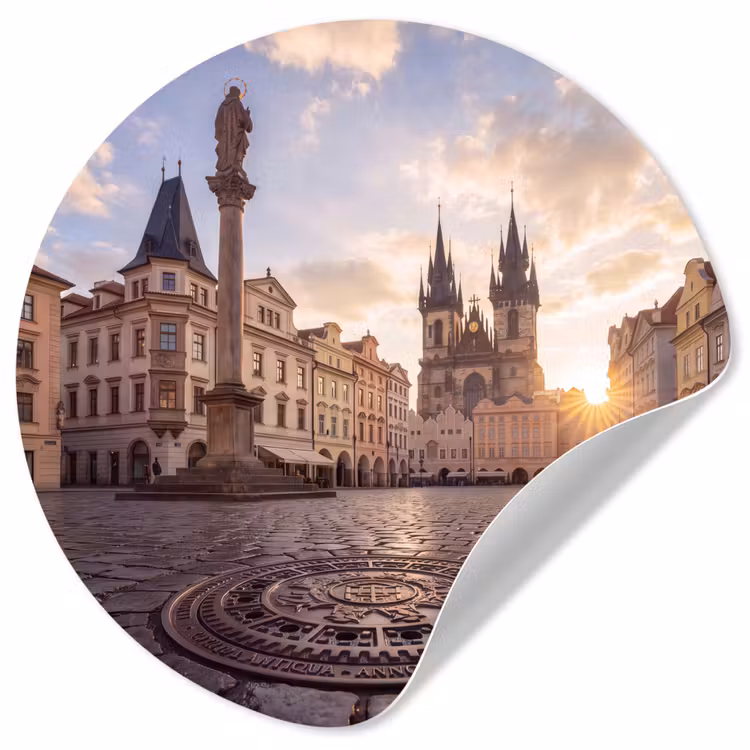 Stad - Praag - Ochtend - Architectuur - Goud Wandcirkel behangsticker klein -3d