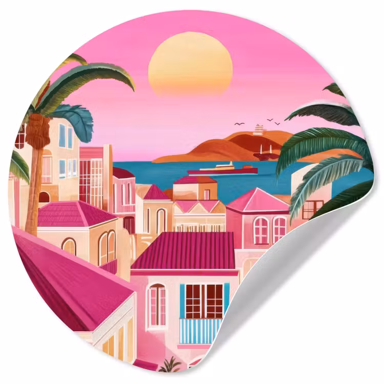 Stad - Roze - Palmbomen Wandcirkel behangsticker klein -3d