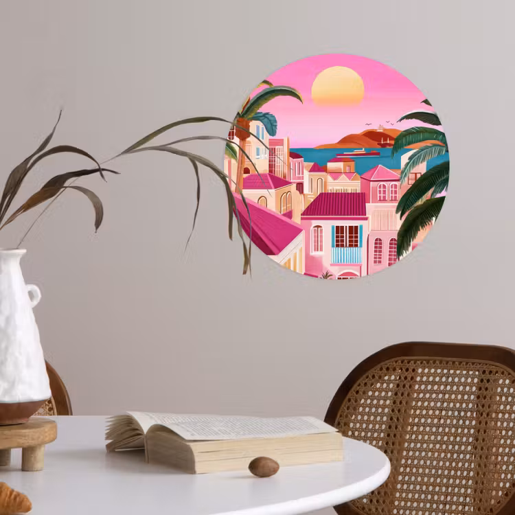 Stad - Roze - Palmbomen Wandcirkel behangsticker klein -sfeer3