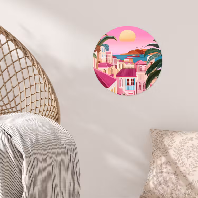 Stad - Roze - Palmbomen Wandcirkel behangsticker klein -sfeer4