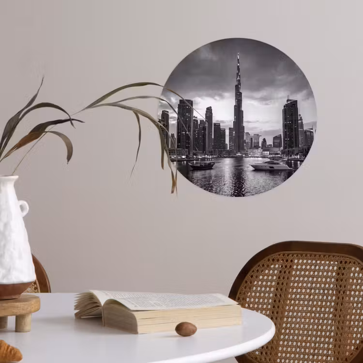 Stad - Skyline - Architectuur - Avond - Zwart-wit Wandcirkel behangsticker klein -sfeer3