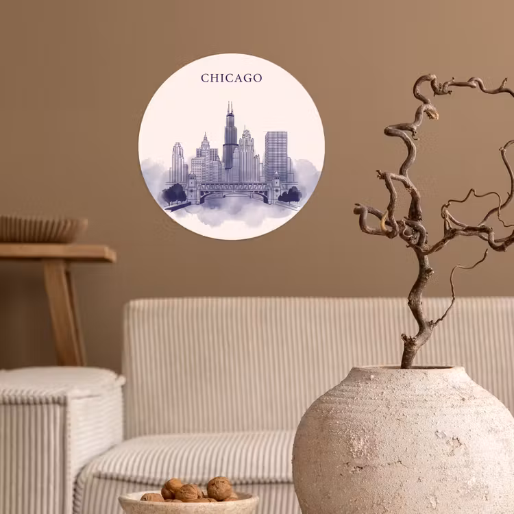 Stad - Skyline - Architectuur - Lijntekening - Blauw Wandcirkel behangsticker klein -sfeer1