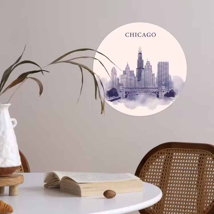 Stad - Skyline - Architectuur - Lijntekening - Blauw Wandcirkel behangsticker klein -sfeer3