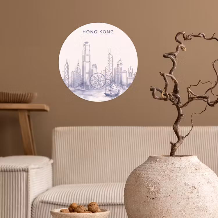 Stad - Skyline - Water - Lijntekening - Blauw Wandcirkel behangsticker klein -sfeer1