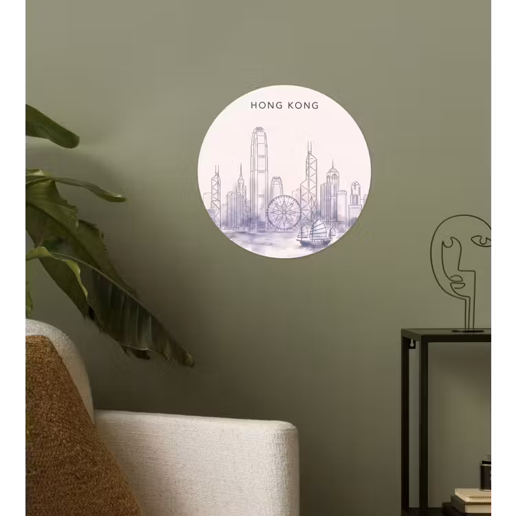 Stad - Skyline - Water - Lijntekening - Blauw Wandcirkel behangsticker klein -sfeer2