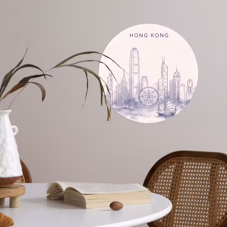 Stad - Skyline - Water - Lijntekening - Blauw Wandcirkel behangsticker klein -sfeer3