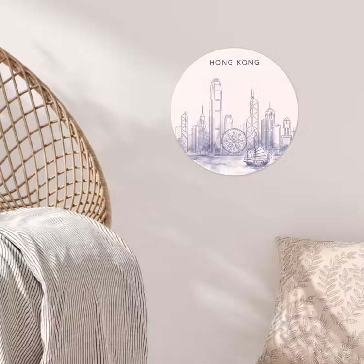 Stad - Skyline - Water - Lijntekening - Blauw Wandcirkel behangsticker klein -sfeer4