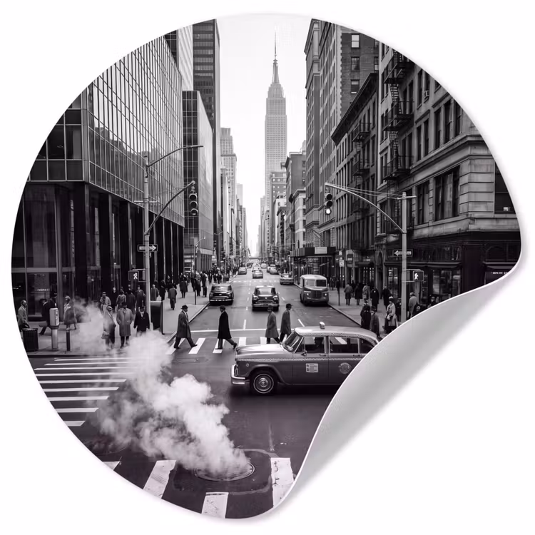 Stad - Straat - Gebouwen - Verkeer - Zwart-wit Wandcirkel behangsticker klein -3d
