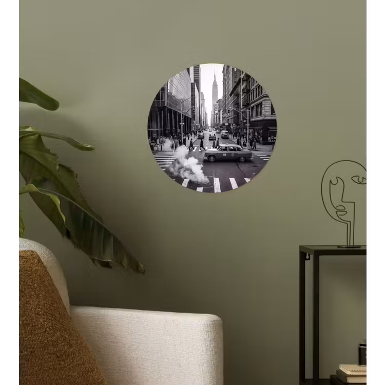 Stad - Straat - Gebouwen - Verkeer - Zwart-wit Wandcirkel behangsticker klein -sfeer2