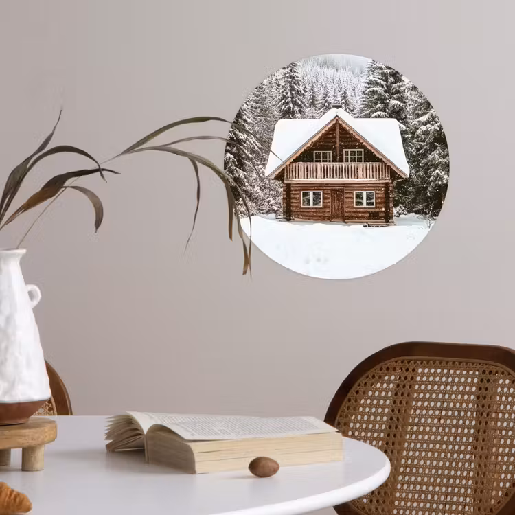 Huis - Bos - Winter - Natuur - Sneeuw Wandcirkel behangsticker klein -sfeer3