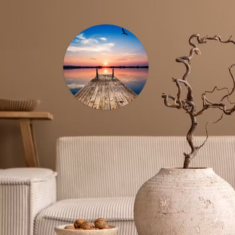 Steiger - Water - Zonsondergang - Roze - Horizon Wandcirkel behangsticker klein -sfeer1