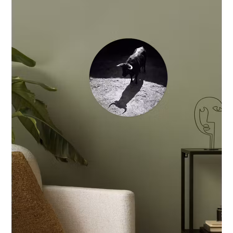 Stier - Schaduw - Dieren - Contrast - Zwart-wit Wandcirkel behangsticker klein -sfeer2