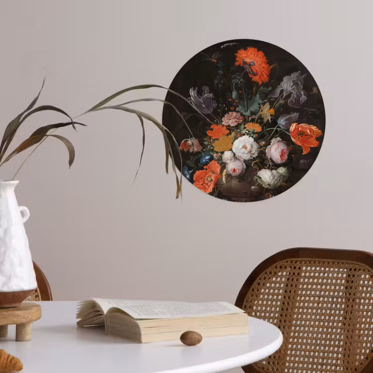 Stilleven met bloemen en een horloge - Schilderij van Abraham Mignon Wandcirkel behangsticker klein -sfeer3