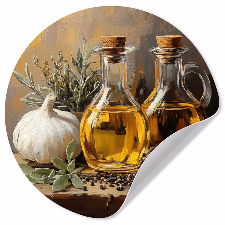 Stilleven - Olijfolie - Knoflook - Kruiden Wandcirkel behangsticker klein -3d