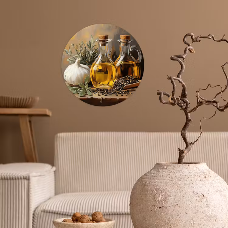 Stilleven - Olijfolie - Knoflook - Kruiden Wandcirkel behangsticker klein -sfeer1