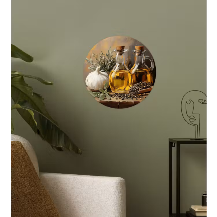 Stilleven - Olijfolie - Knoflook - Kruiden Wandcirkel behangsticker klein -sfeer2