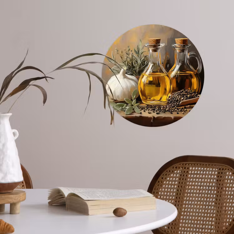 Stilleven - Olijfolie - Knoflook - Kruiden Wandcirkel behangsticker klein -sfeer3