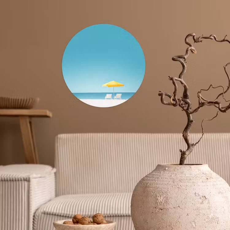 Strand - Blauwe lucht - Geel - Parasol Wandcirkel behangsticker klein -sfeer1