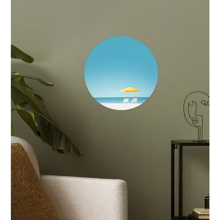 Strand - Blauwe lucht - Geel - Parasol Wandcirkel behangsticker klein -sfeer2