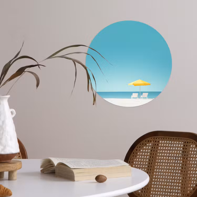 Strand - Blauwe lucht - Geel - Parasol Wandcirkel behangsticker klein -sfeer3