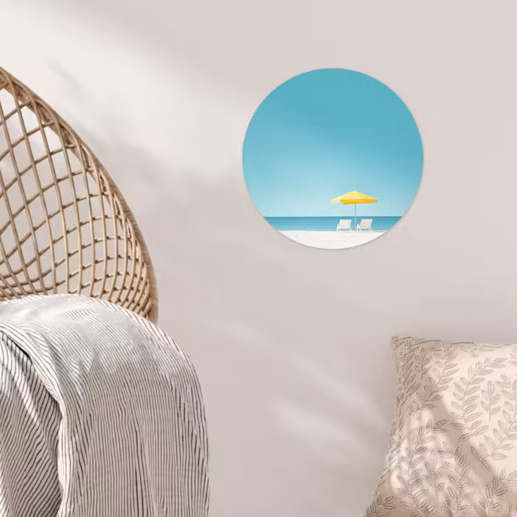 Strand - Blauwe lucht - Geel - Parasol Wandcirkel behangsticker klein -sfeer4