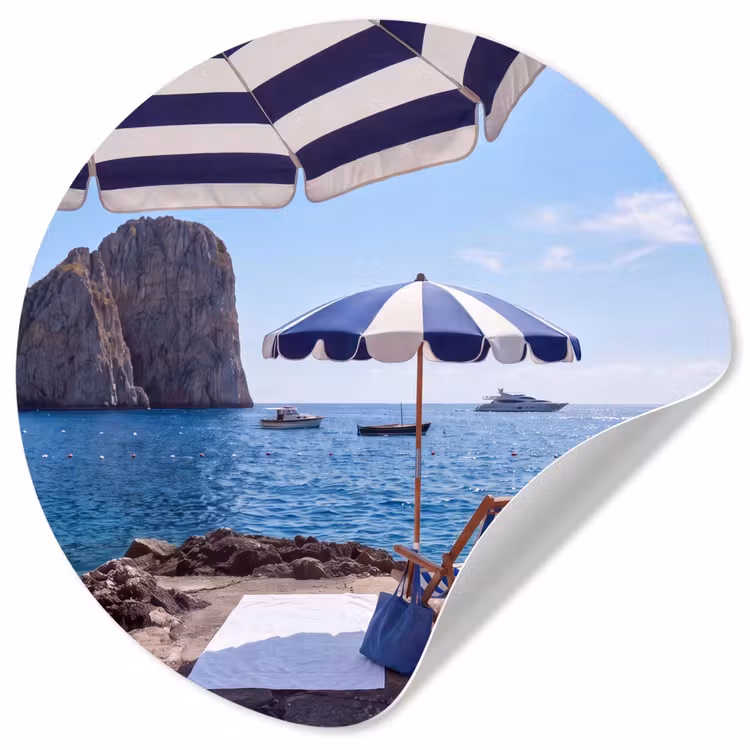 Strand - Ligstoel - Parasol - Zomer - Blauw Wandcirkel behangsticker klein -3d
