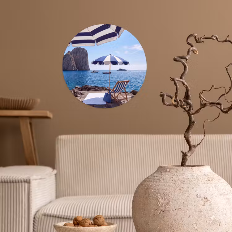 Strand - Ligstoel - Parasol - Zomer - Blauw Wandcirkel behangsticker klein -sfeer1