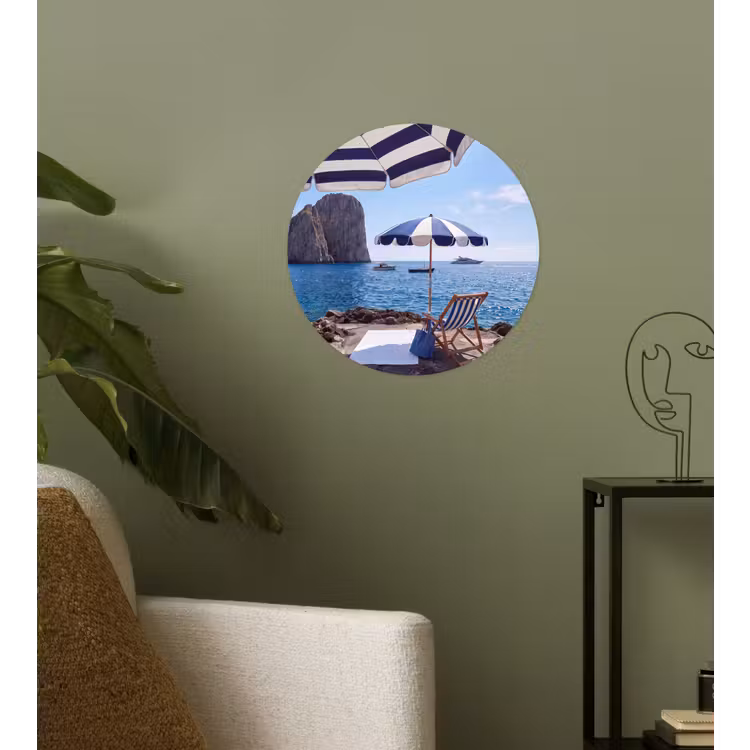 Strand - Ligstoel - Parasol - Zomer - Blauw Wandcirkel behangsticker klein -sfeer2
