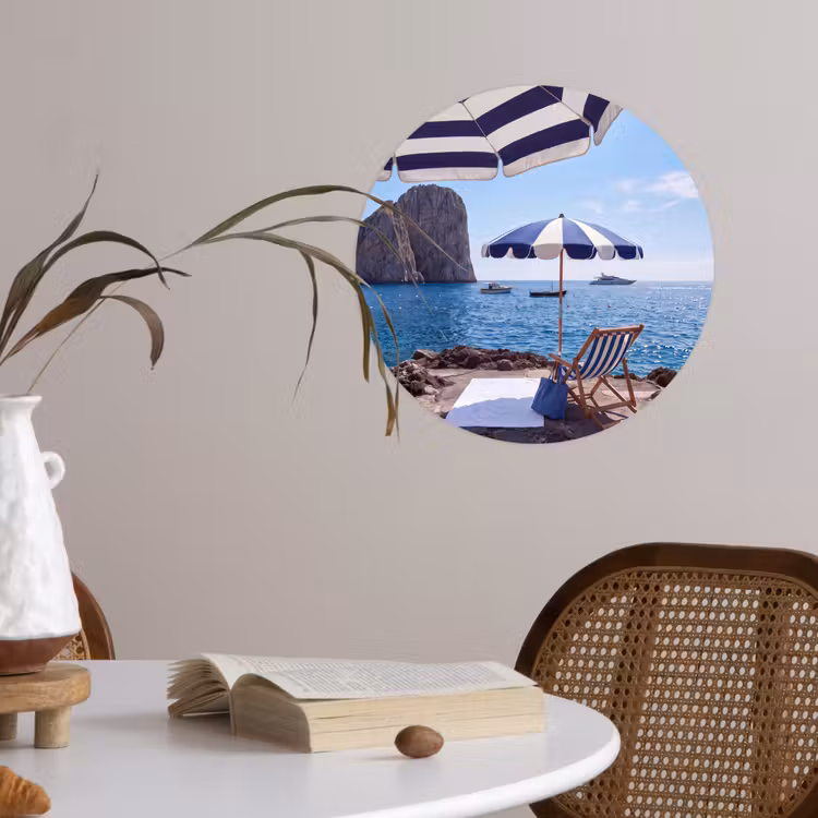 Strand - Ligstoel - Parasol - Zomer - Blauw Wandcirkel behangsticker klein -sfeer3