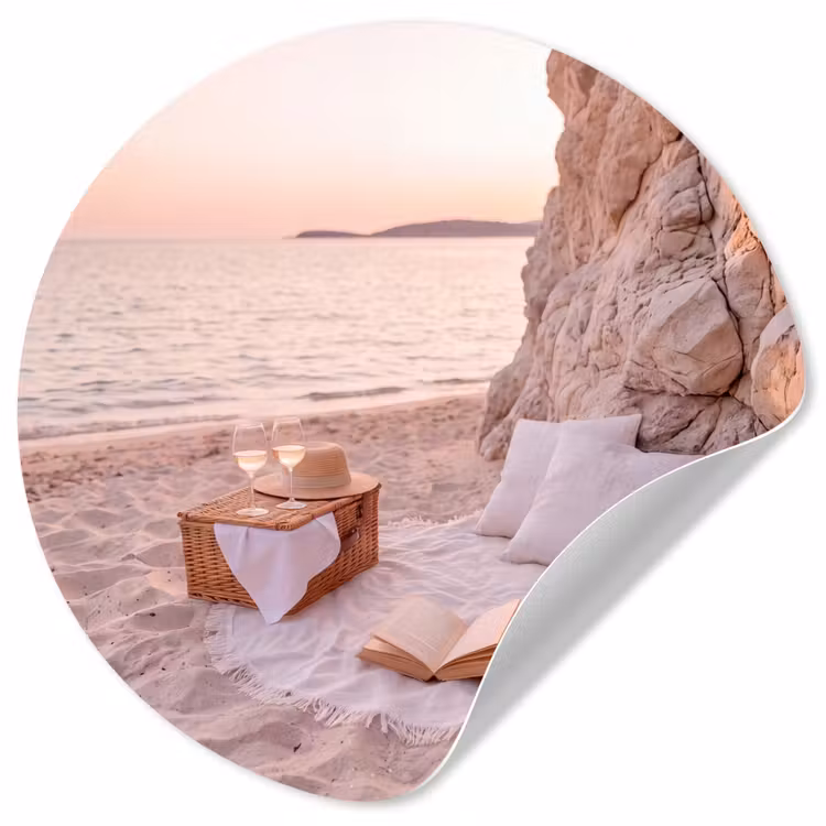 Strand - Picknick - Zonsondergang - Zomer - Natuur Wandcirkel behangsticker klein -3d