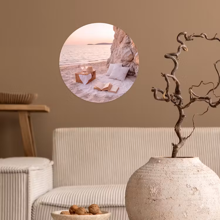 Strand - Picknick - Zonsondergang - Zomer - Natuur Wandcirkel behangsticker klein -sfeer1