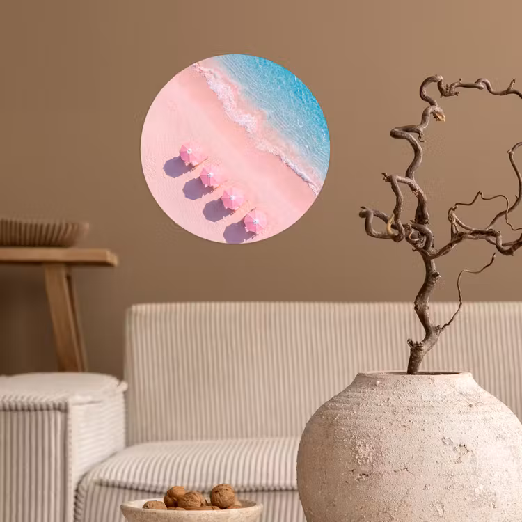 Strand - Roze zand - Zee - Zomer - Natuur Wandcirkel behangsticker klein -sfeer1