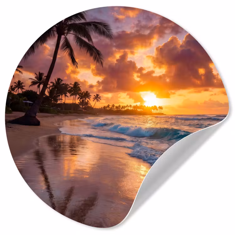 Strand - Zonsopgang - Tropisch - Natuur - Oranje Wandcirkel behangsticker klein -3d