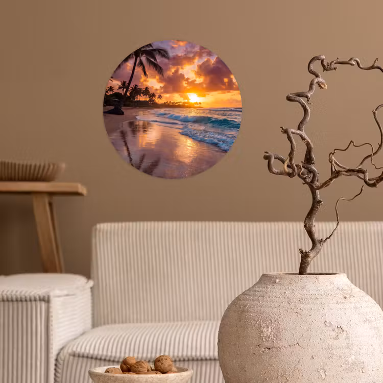 Strand - Zonsopgang - Tropisch - Natuur - Oranje Wandcirkel behangsticker klein -sfeer1