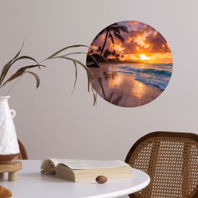 Strand - Zonsopgang - Tropisch - Natuur - Oranje Wandcirkel behangsticker klein -sfeer3