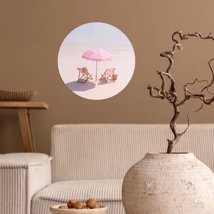 Strand - Parasol - Ligstoel - Zomer - Roze Wandcirkel behangsticker klein -sfeer1