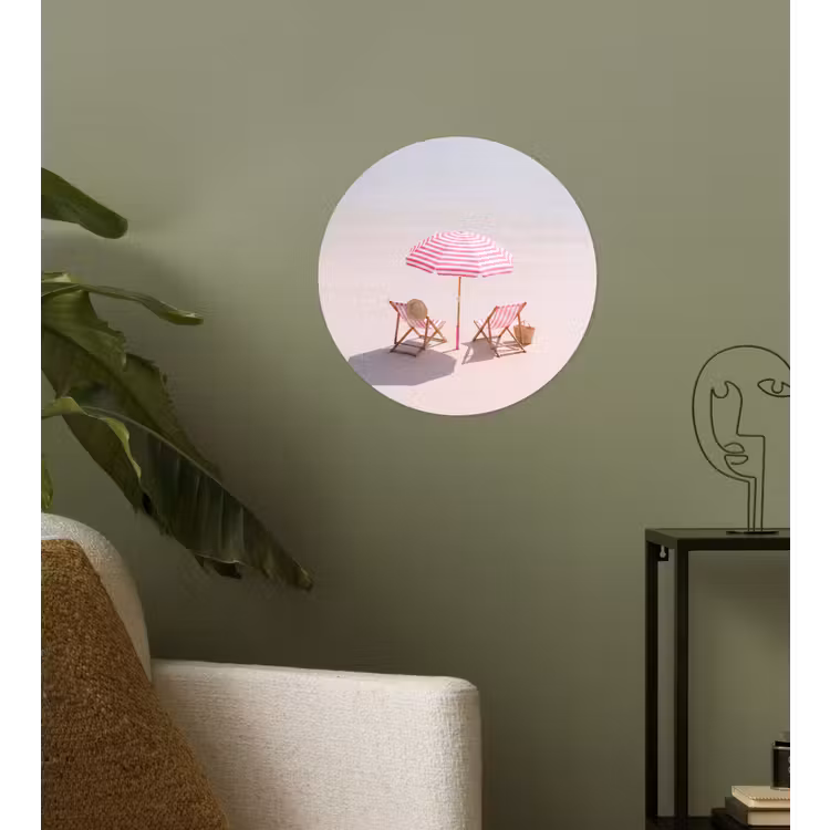 Strand - Parasol - Ligstoel - Zomer - Roze Wandcirkel behangsticker klein -sfeer2
